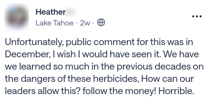 Social media comment about spraying glyphosate in Tahoe