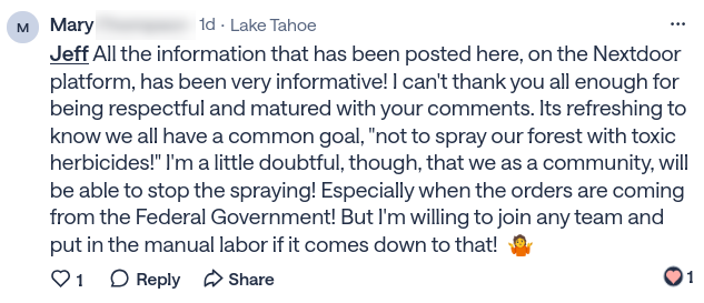 Social media comment about spraying glyphosate in Tahoe