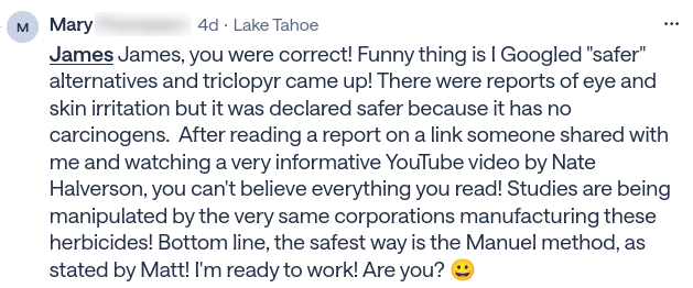 Social media comment about spraying glyphosate in Tahoe
