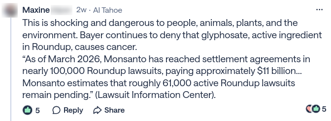 Social media comment about spraying glyphosate in Tahoe